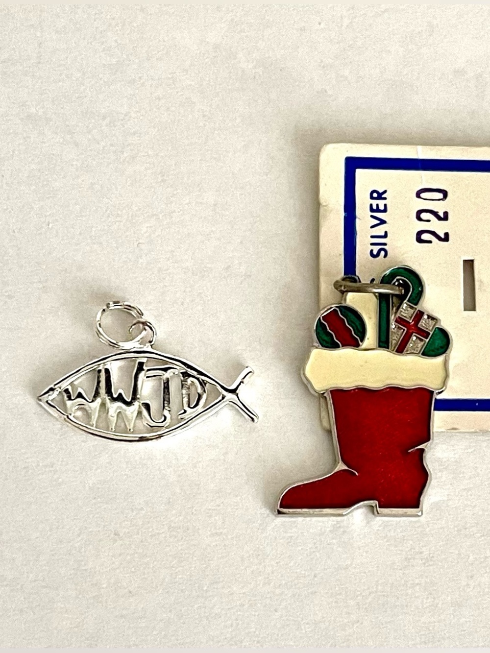 Vintage Sterling Silver .925 WWJD Fish and Red Christmas Boot Charms